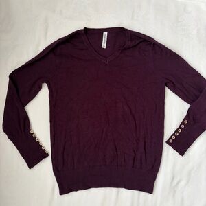 V-Neck Button-Cuff Sweater in Deep Plum